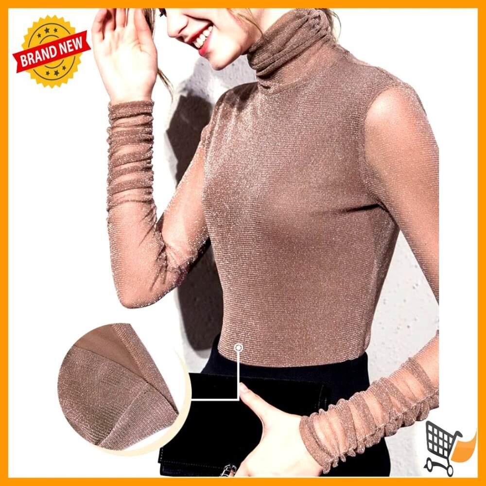 Mesh Sheer Turtleneck Top Slim Fit Long Sleeve Chic Y2K Casual Blouse - Picture 4 of 6